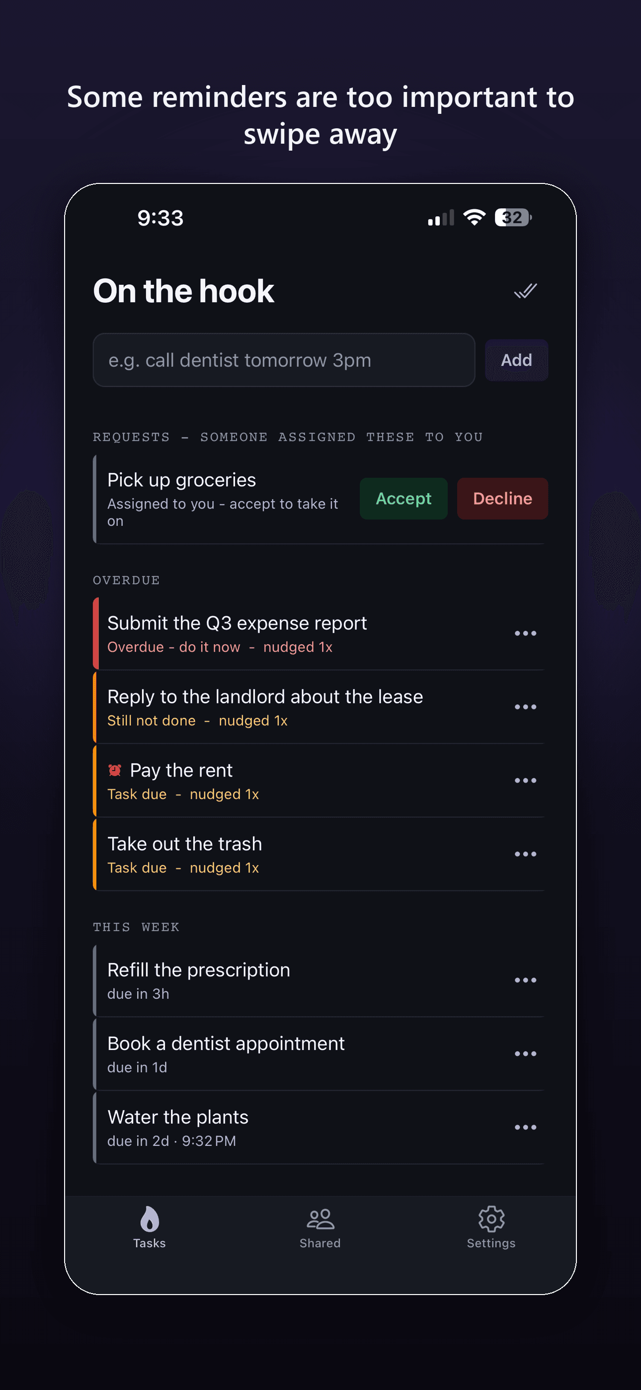 The Procrastitask task list, showing an overdue task in red, a still-not-done task in orange, and two due tasks in amber.