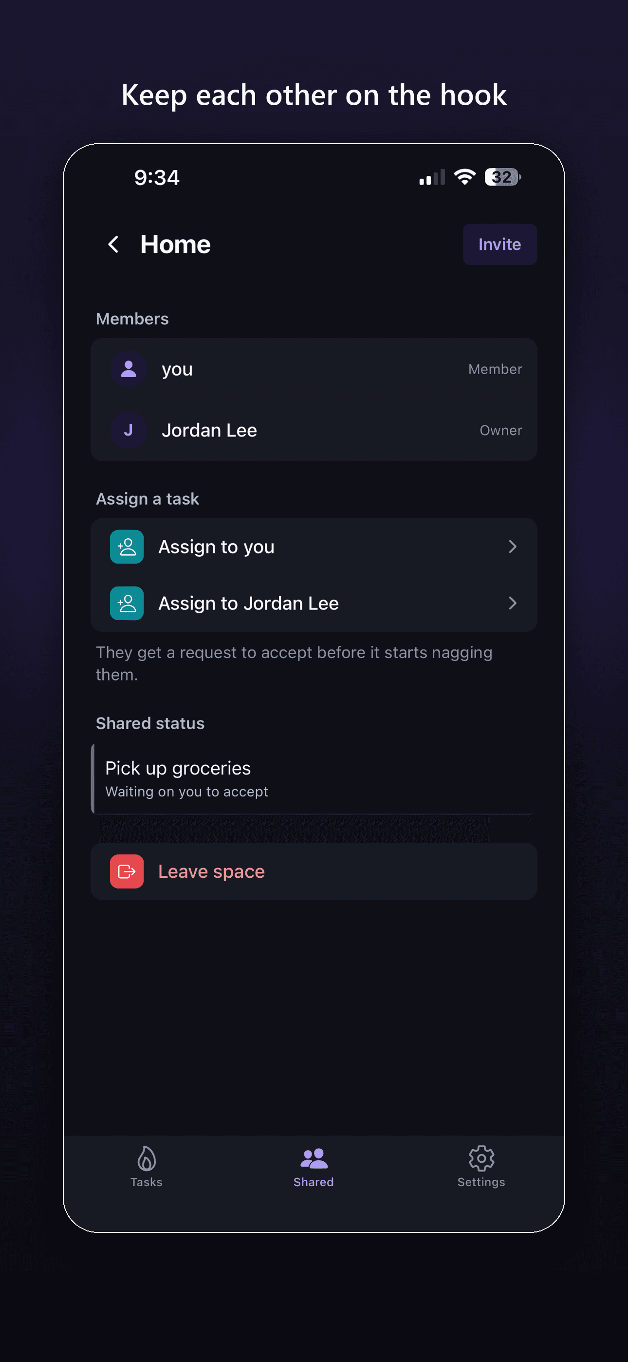 A shared Procrastitask space named Home with two members, showing a task waiting to be accepted.